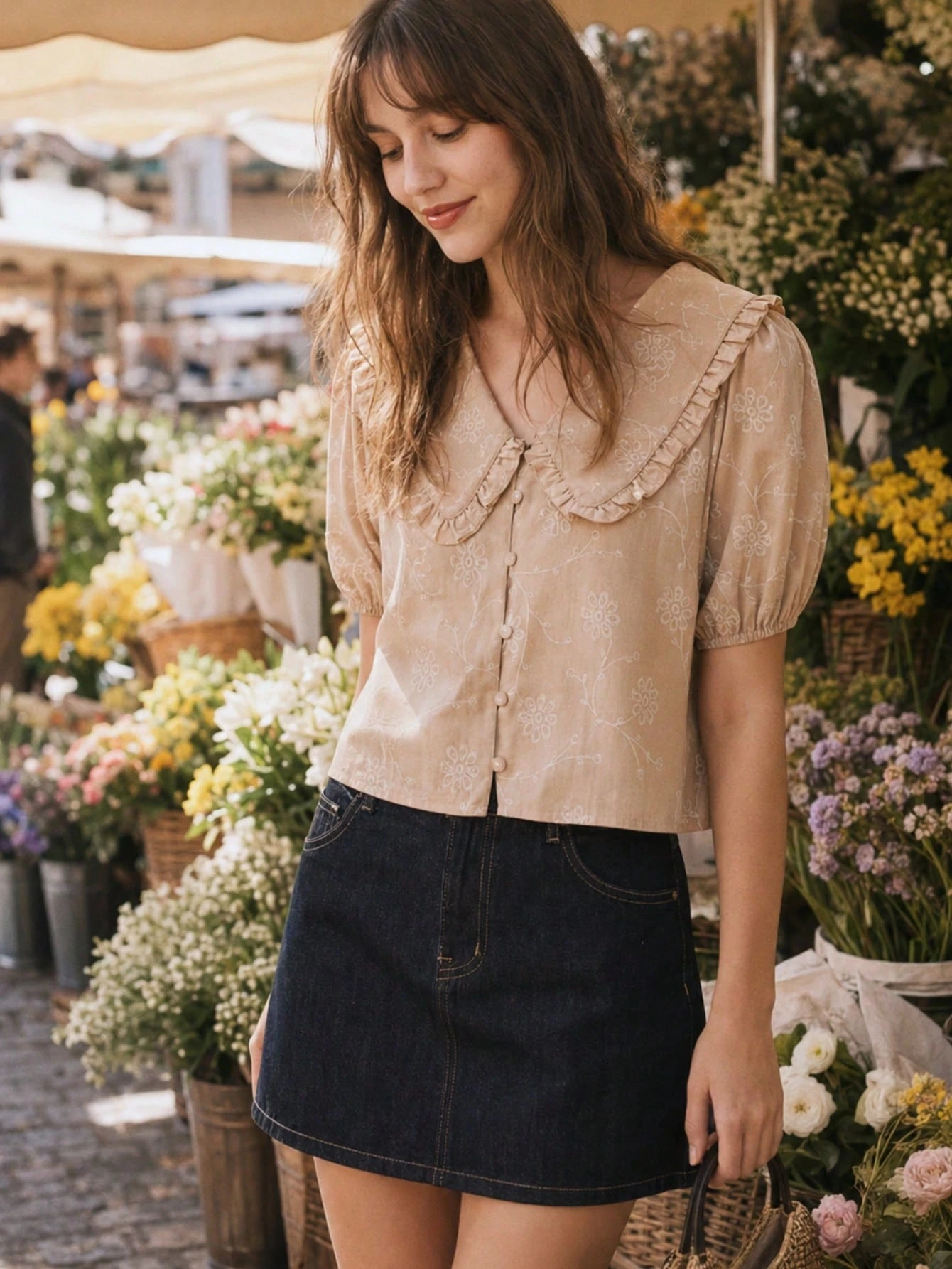 Beige Floral Blouse With Ruffled Peter Pan Collar And Short Puff Sleeves In Linen Tone Oversized Collar Top Vinatge Top Spring Summer Holiday Top Preppy Top French Style Top