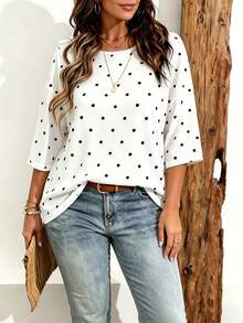 EMERY ROSE Plus Size Women Casual Minimalist Polka Dot Print Drop Shoulder T-Shirt, Suitable For Summer - Multicolor - View 3