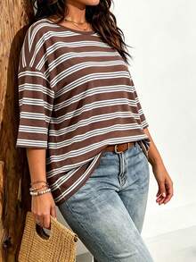 EMERY ROSE Plus Size Women's Fashion Minimalist Striped Print Drop Shoulder T-Shirt, Suitable For Summer Wear - Multicolor - View 4