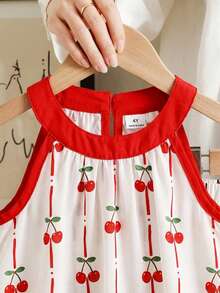 SHEIN Vintaside Kids 女童夏季黑白甜美清新蝴蝶结印花吊带上衣搭配阔腿裤套装，宽松舒适，适合日常外出、休闲旅行、家庭聚会和与朋友聚会。 - 紅色 - 查看 8