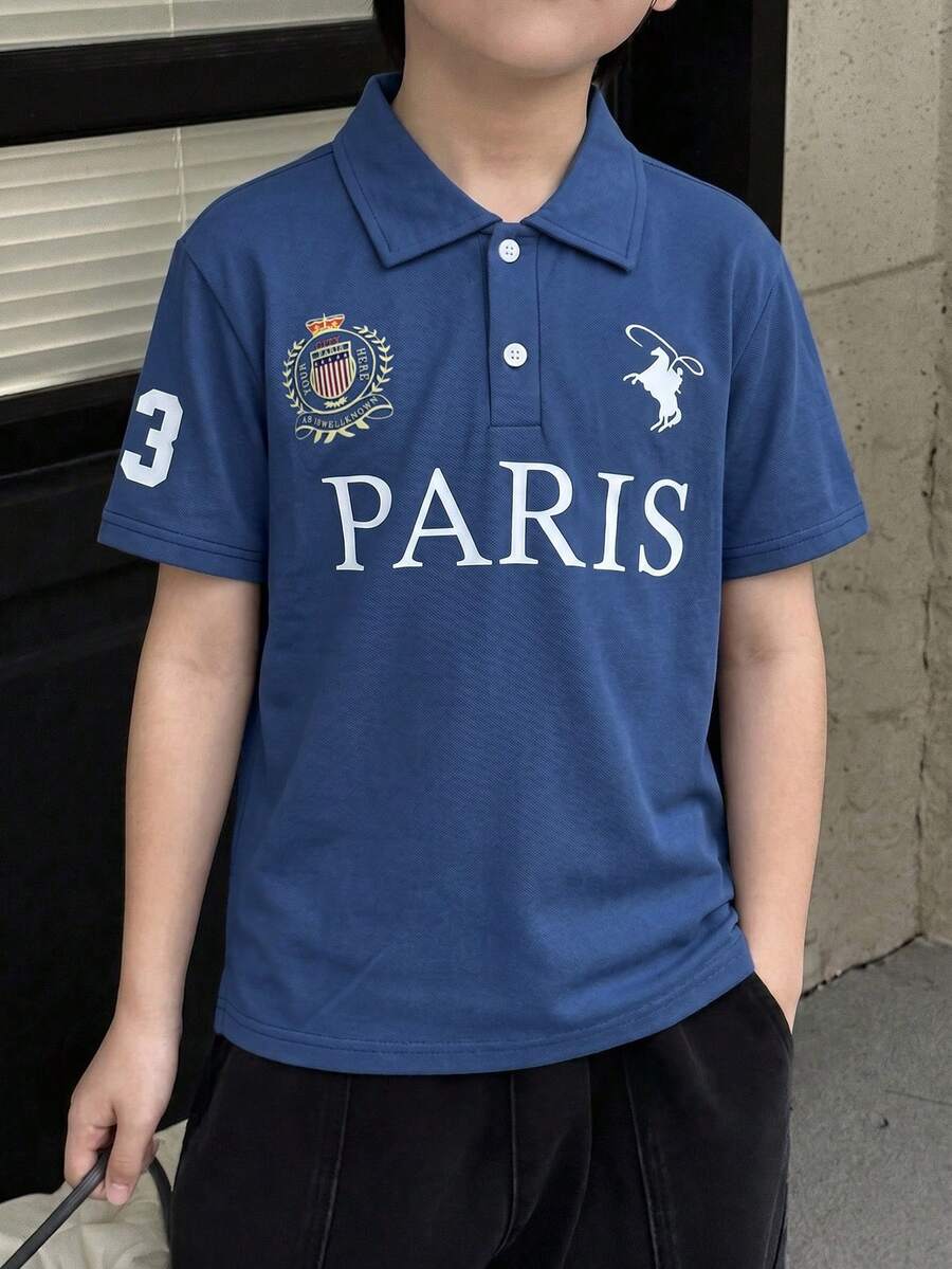 Coolqubz 青少年男童舒适休闲美式学院风印花字母 Polo 衫 - 藍色 - 查看 1