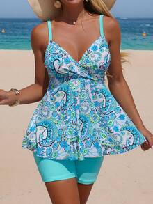 Swim Lushoire Tenue de plage d'été pour femmes, débardeur à imprimé cachemire aléatoire et short de couleur unie 2 pièces, maillot de bain, convient pour les vacances à la plage - Multicolore - Voir 3