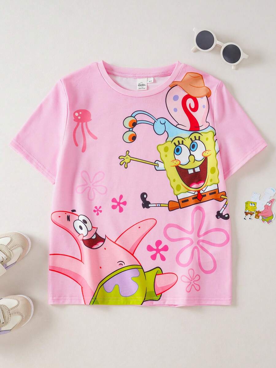 SpongeBob SquarePants | SHEIN Tween Girls' Versatile Round Neck Short Sleeve T-Shirt - Pink - View 1
