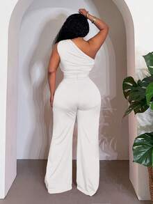 Slaydiva White, Summer, Elegant, Party Plus Size Women Chic Ruched Jumpsuit, One Shoulder Design With Fashionable Waist Belt, Commute & Casual Birthday Graduation Wear - White - View 3