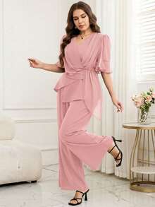 SHEIN Clasi Bộ đồ 2 món dành cho nữ cỡ lớn: Áo sơ mi ngắn tay xếp ly màu trơn và quần ống rộng. - Hồng - Xem 3