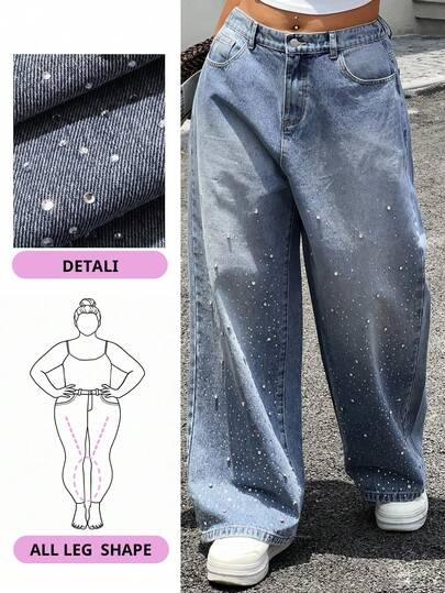 Dazy Plus Quần jeans nữ cỡ lớn dáng rộng, thoải mái, đính đá lấp lánh, kiểu dáng đường phố, phù hợp cho mọi mùa.