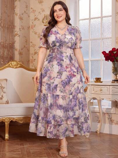 Reflora Vestido midi con mangas abullonadas, cintura con lazo y estampado floral romántico y elegante para mujer de talla grande. Vestidos florales para mujer de talla grande, elegantes, para la primavera y el verano, vestido floral maxi, vestido con mangas abullonadas, últimos vestidos, vestidos Zanzea para mujer de talla grande, vestidos Zanea para mujer, atuendos de invitada de boda para mujer, vestidos de cumpleaños para mujer de talla grande