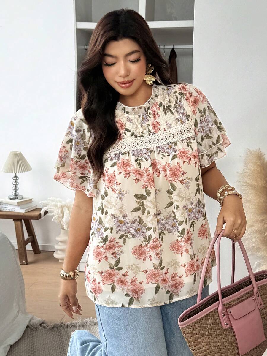 Vionelle Blusa de manga corta con cuello de volantes, talla grande, primavera/verano - Multicolor - Ver 1