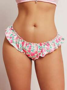 Elorette Plus Size Romantic Floral Print Satin Panties - Pink - View 1