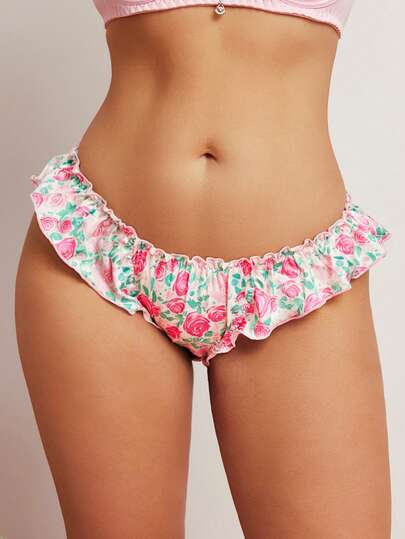 Plus Size Romantic Floral Print Satin Panties