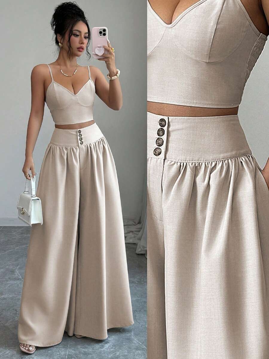 SHEIN Elenzya Bộ đồ nữ thanh lịch và thoải mái màu mơ trơn, gồm 2 món, thích hợp cho mùa hè. - Màu be - Xem 1