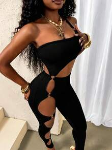Glyssa Women's Black Bodycon Jumpsuit,Metallic-Decorated Open-Back Lace-Trimmed Sultry Summer Outfit,Everyday Wear Night Out Birthday Party Rave Disco Sexy - Black - View 7