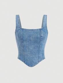 SHEIN MOD Women's Square Neck Asymmetric Hem Sleeveless Denim Top - Light Wash - View 1