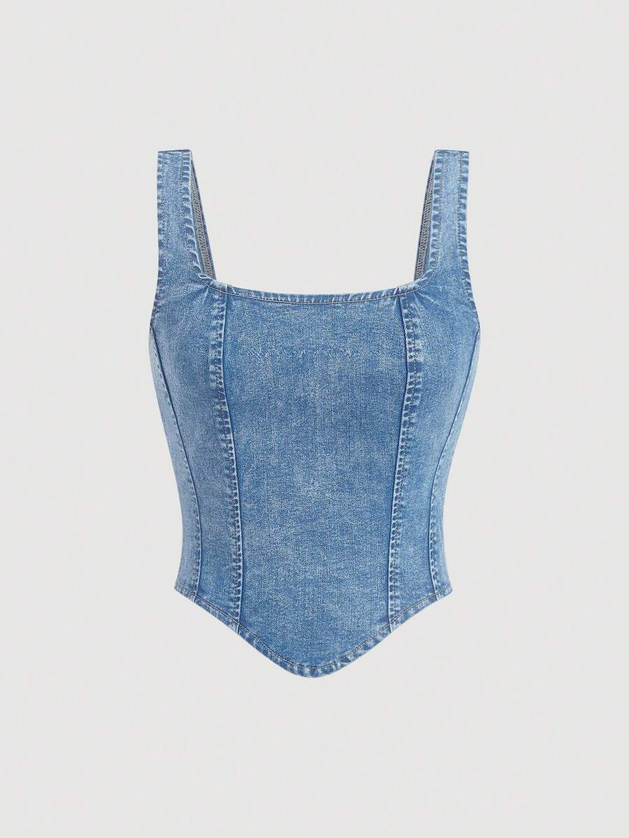 SHEIN MOD Women's Square Neck Asymmetric Hem Sleeveless Denim Top - Light Wash - View 1