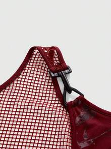 ROMWE Áo tank top phối lưới in hình bộ xương tối màu - Màu Đỏ Sâu - Xem 3