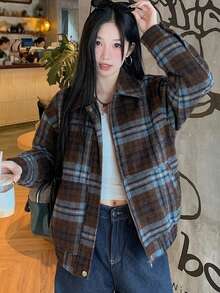 DAZY 女士休闲格子外套，秋冬款 - 藍色 - 查看 3