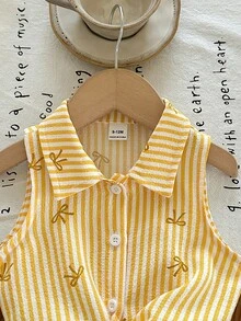 SHEIN LMoss Kids 女婴夏季碎花印花休闲梭织衬衫 - 芥末黃 - 查看 5