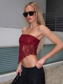 Brooke Lily 女士性感休闲勃艮第色蕾丝不对称下摆紧身抹胸上衣，适合夏季 - 酒紅色 - 查看 3