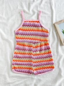 SHEIN Vintaside Kids 女童夏季无袖吊带连体裤，时尚优雅的针织提花面料，适合户外、海滩、度假、日常休闲和购物穿着。 - 粉色 - 查看 2