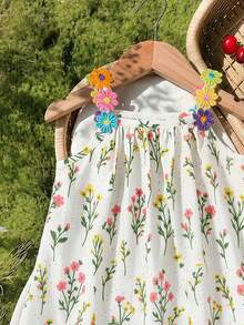SHEIN Vintaside Kids 女婴彩色花卉丝带拼接条纹A字连衣裙，适合日常休闲和节日场合 - 白色 - 查看 6