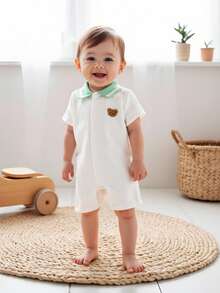 SHEIN Vintaside Kids Bộ áo liền quần tay ngắn kẻ caro hình gấu dễ thương cho bé trai, quần áo mùa hè cho trẻ sơ sinh. - Nhiều màu - Xem 4