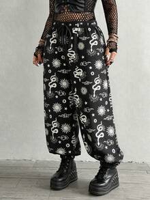 Whyspr Plus Size Dark Style Patchwork Print Loose Pants Fall - Black - View 3
