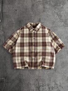 AXEPEAK Plus Size Men's Plaid Short Sleeve Single-Breasted Casual Commuter Shirt - Brown - View 3