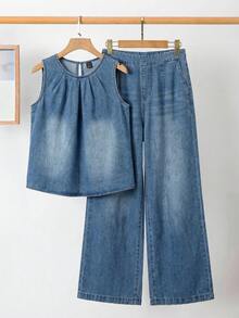 SHEIN Clasi Women's Light Wash Denim 2 Pieces Set,Pleated Sleeveless Top High Waist Wide Leg Pants,Summer Casual Light Blue Co-Ord Outfit Everyday Going Out Work - Blue - View 1