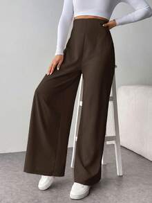 SHEIN Tall CURVE 大码休闲纯色高腰阔腿裤 - 黑色 - 查看 6