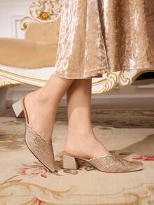 CUCCOO TILAWA Women's Elegant Rhinestone Embellished Stilettos - Sexy Pointed Toe Slip-On Sandals, Versatile Fashion For All Seasons, Low Heel Formal Shoes, Mid-Heel Mules Summer Shoes - Gold - View 2