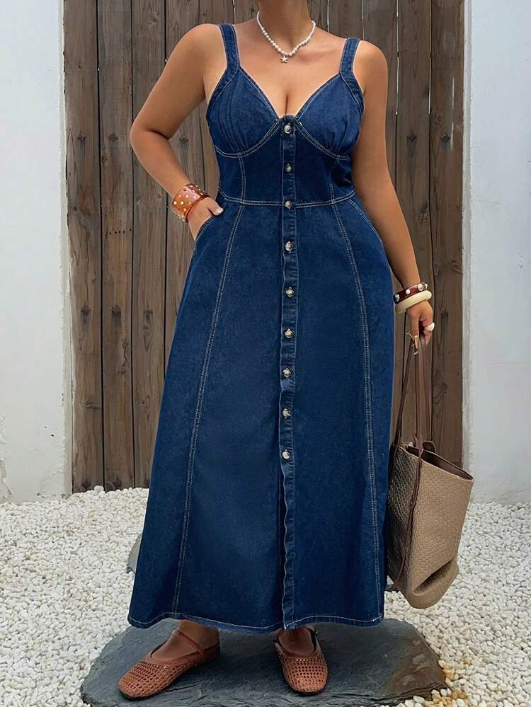 Dazy Plus V-Neck Sleeveless Cinched Waist Vacation Style Open Front Cowgirl Fitted Plus Size Women Spring/Summer Denim Dress