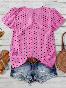 Linhara Plus Size Women's Polka Dot Ruched Double Layer Sleeve Casual Blouse - Coral Pink - View 2