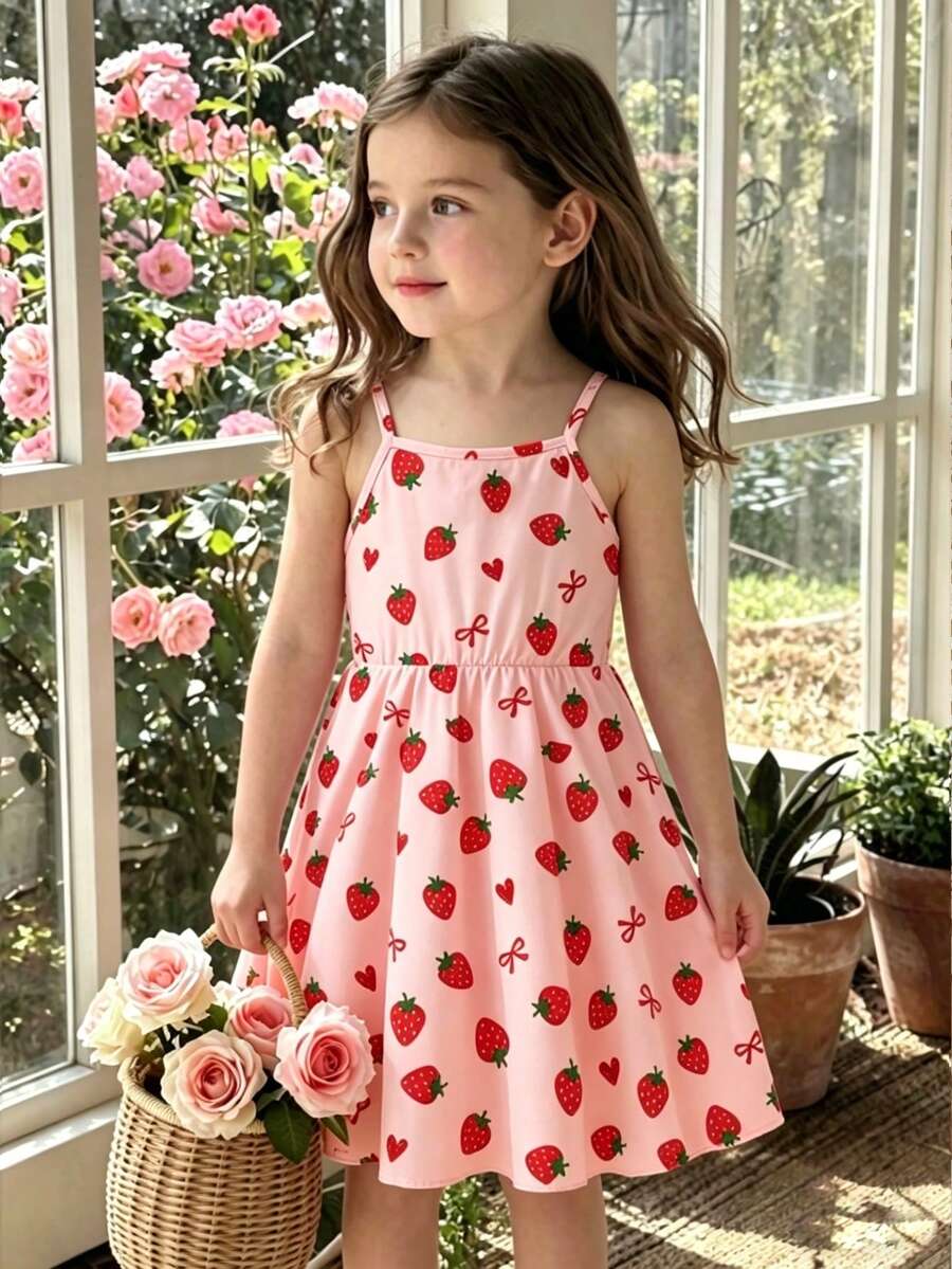 Girls' Strawberry & Bow Print Casual Dress, Suitable For Spring And Summer - Multicolor - View 1