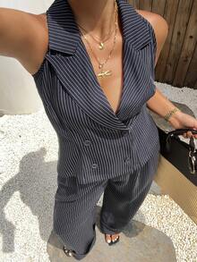 Dazy Plus Plus Size Women's Collared Navy Blue Top And Casual Elegant Pants 2 Pieces Outfit, Business Casual For Spring/Summer Formal Vacation - Navy Blue - View 6
