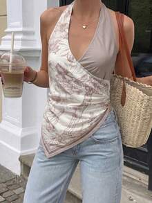 Firerie Blusa elegante y romántica para vacaciones y citas, con cuello de halter, estampado floral multicolor, espalda descubierta y bajo asimétrico, atuendo de moda para playa y vacaciones de verano - Multicolor - Ver 3