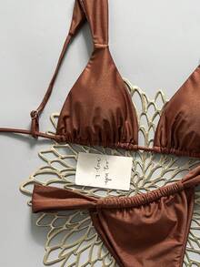 Swim Basics 女士夏季沙滩纯色吊带系带性感比基尼和三角泳裤套装 - 棕色 - 查看 5
