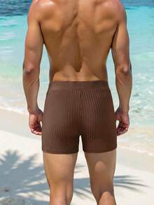Manfinity Swimmode Men's Wide Ribbed Waistband Elastic Waist Minimalist Baggy Casual Summer Beach Pool Party Holiday Pool Swimming Trunks Holiday Coffee Brown - Brown - View 2