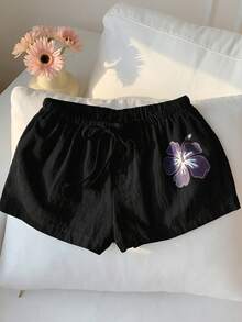 Comfortcana 女士印花抽绳腰休闲短裤、亚麻夏季半身裙、沙滩罩衫、灯笼短裤、碎花迷你裙 - 黑色 - 查看 3