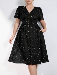 Chikora Plus Size Women Elegant Black And White Polka Dot Dress,Summer V-Neck Casual Office Tea Party Dress,Wedding Guest Formal Ceremony Graduation Outfit - Black and White - View 4
