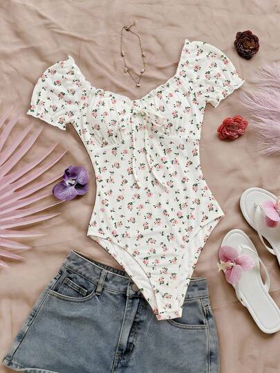 Soleia Damen lässig Urlaubs Puffärmel Bodysuit, Blümchen Bodysuit, Damen Sommer Bekleidung
