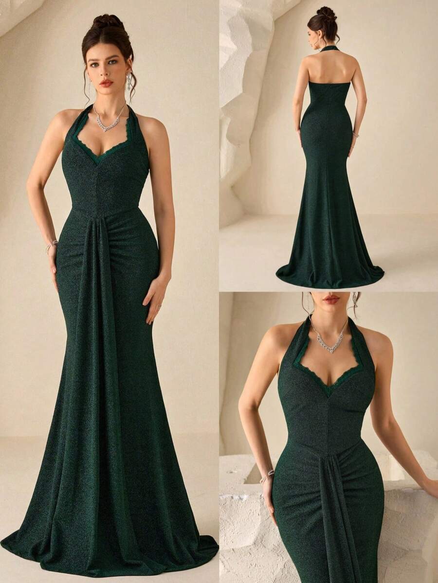 Coutiva Vestido de noche formal para mujer con cuello de encaje y escote halter (muy adornado) - Verde Oscuro - Ver 1
