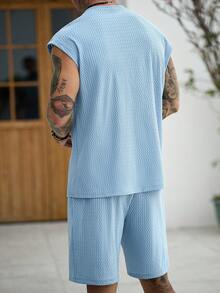 Manfinity CasualCool Bộ đồ nam thường ngày kiểu INS, chất liệu vải phối hợp, thích hợp làm quà tặng cho bạn trai/chồng, quà kỷ niệm, áo không tay dáng rộng. - Màu xanh lam - Xem 2
