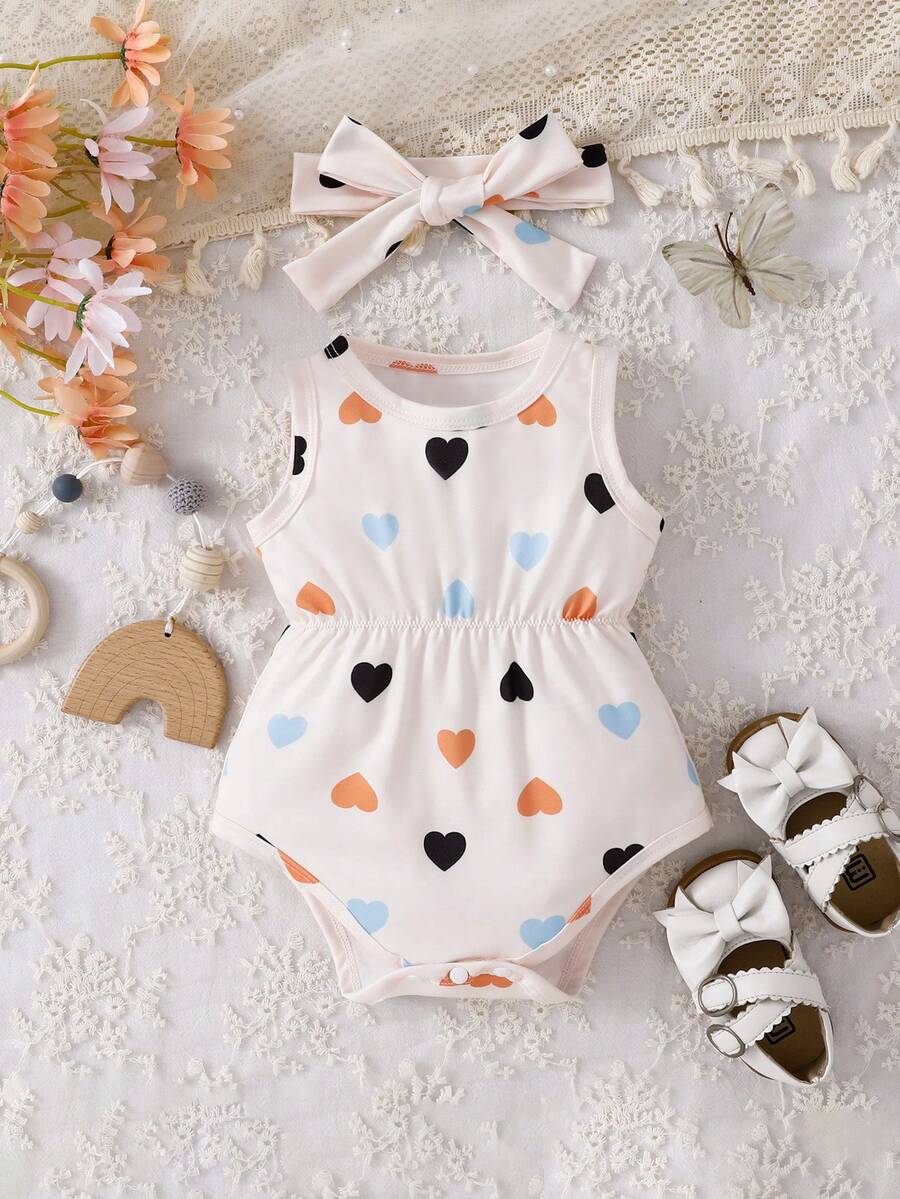 SHEIN Baby Girl Heart Print Casual Sleeveless Romper - Multicolor - View 1