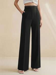 Anewsta Pantalones rectos de mujer con cintura alta, parche de encaje y drapeado sexy - Negro - Ver 2