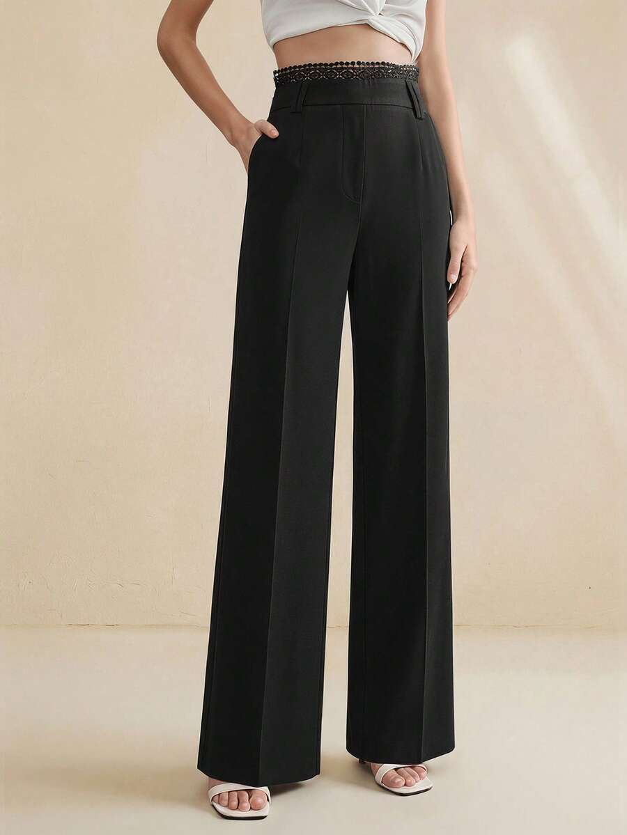 Anewsta Pantalones rectos de mujer con cintura alta, parche de encaje y drapeado sexy - Negro - Ver 1