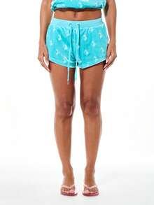BABYPHAT Präglade pull-on velourshorts med diamantmönster, dragsko, resår i midjan, sommar, avslappnad passform, mitt på låret, loungewear - Blå - Visa 5
