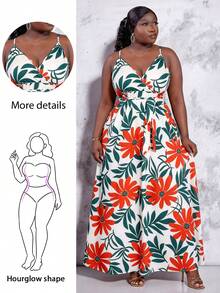 CurvyTilda Vestido sin mangas con estampado de plantas tropicales para mujer de talla grande, para vacaciones y fiestas, para figura de reloj de arena - Multicolor - Ver 1