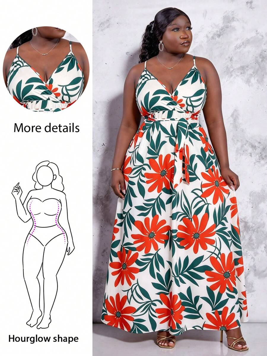 CurvyTilda Vestido sin mangas con estampado de plantas tropicales para mujer de talla grande, para vacaciones y fiestas, para figura de reloj de arena - Multicolor - Ver 1