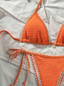 Swim Mod Women's Solid Color Jacquard Fabric Ruffle Trim Tie Strap 2-Piece Bikini Set, Summer - Orange - View 4