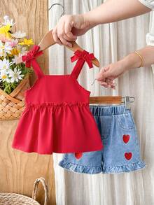 SHEIN Vintaside Kids 女婴夏季两件套，红色吊带背心搭配爱心刺绣牛仔短裤，适合户外玩耍、日常居家休闲、轻松运动、欢乐派对时光。 - 紅色 - 查看 6